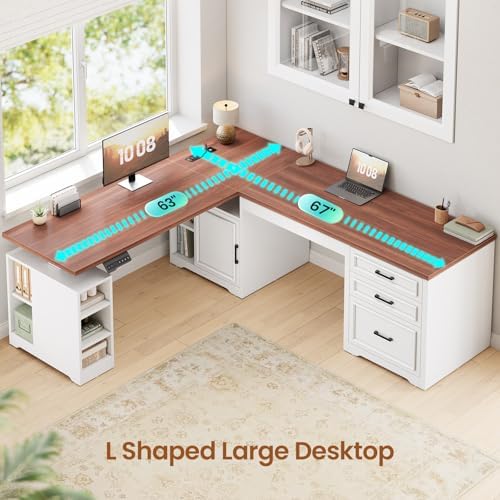 SEDETA Farmhouse L Shaped Standing Desk with Storage for Home Office, White