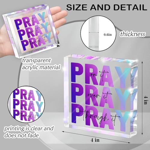 Inspirational Decor, Multicolor Dorm Room Decor for Women, Desk Decorations for Office, Ideal Christian Gifts for Women - Pray On It, Pray Through It - Bible Verse Desk Art, 4 x 4 inch