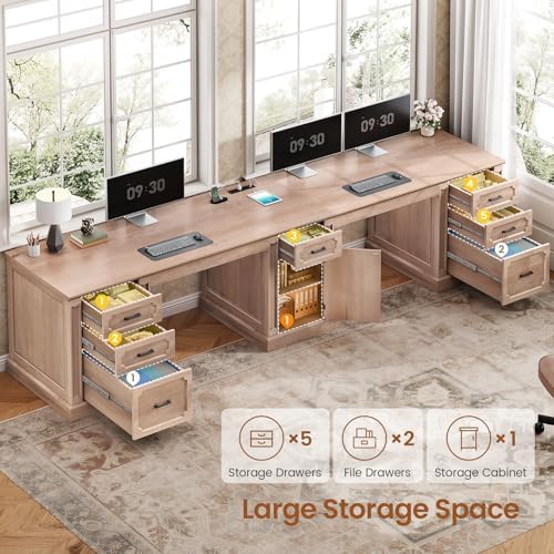 SEDETA Farmhouse 110.3" Two Person Desk with 7 Drawers, Long Computer Desk with Storage Cabinet, 2 Person Desk with Power Outlets for Home Office, Oak