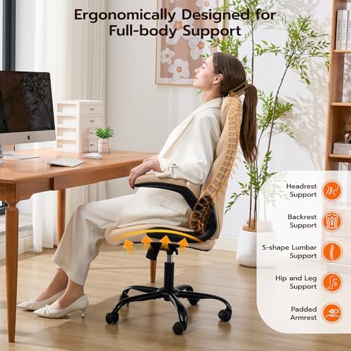 Ylzyxal Office Desk Chair, Ergonomic Computer Chair with Padded Flip-Up Arms and Adjustable Lumbar Support, PU Leather Executive Chair with Tilt Lock and 360° Swivel Rolling Wheels for Work, Study