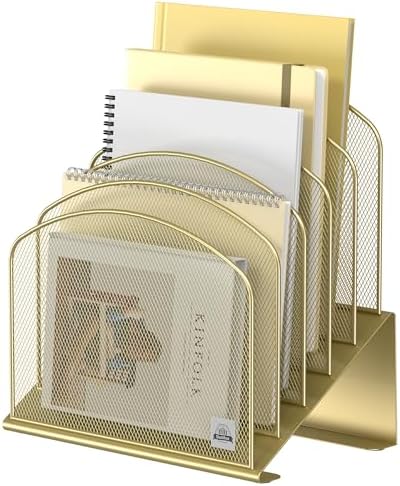 Delifox Inclined Desk File Organizer,Vertical File Folder Holder Stand Metal Rack File Sorter for Office Classroom Desktop Organization (1, Gold, 5)