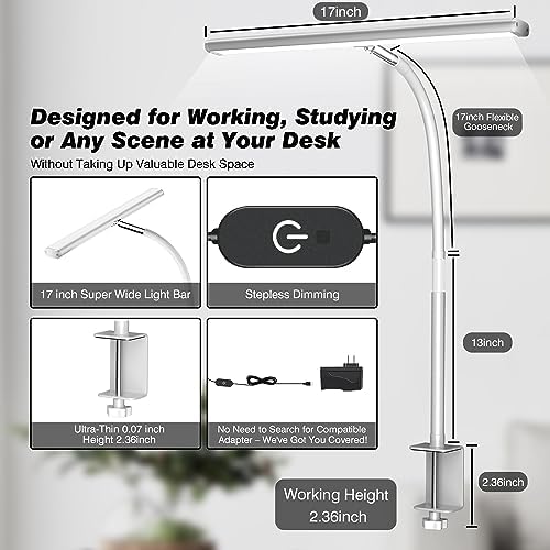 Airlonv LED Desk Lamp with Clamp, 17" Stepless Dimming Light, White