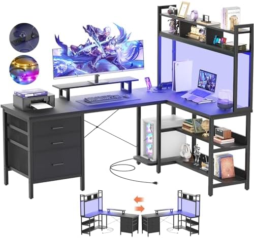 Aheaplus L Shaped Desk with Hutch, Gaming Desk with Led Lights, Reversible Computer Desk with Power Outlet, Corner Desk with File Drawer & Monitor Stand, Storage Shelves for Home Office, Black