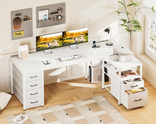 Coleshome 63 Inch L Shaped Office Desk with 6 Drawers, Power Outlet, White