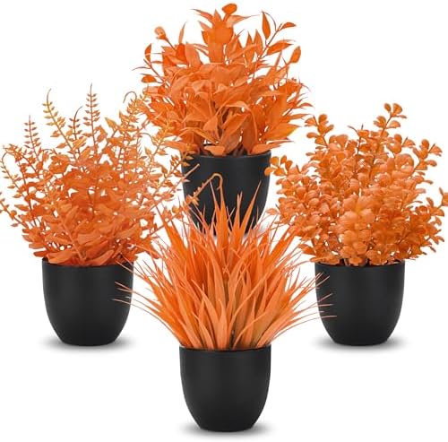 Der Rose 4 Pack Fall Fake Plants in Black Pots, Autumn Home Decor Indoor