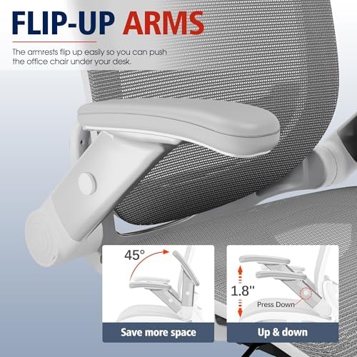 GABRYLLY Ergonomic Office Chair, High Back Home Desk Chair with Headrest, Flip-Up Arms, 90-120° Tilt Lock and Wide Cushion, 300LBS Mesh Chairs for Man Woman, White Task Chair(Dark Grey,GY01WDG)