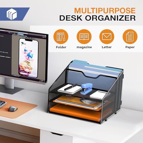 GAWERK Letter Tray Organizer, Mesh Desk File Organizer with 3 Paper Trays and 2 Vertical Upright Section (White)