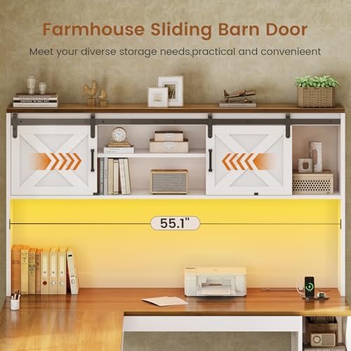 SEDETA 67" Farmhouse L Shaped Desk with Hutch, White+Brown