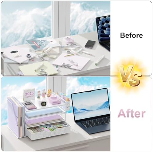 Wood Desk Organizers and Accessories with File Holder, 4-Tier Desk Accessories & Workspace Organizers with Drawer and Pen Holder, Desk Reference Organizer (White, 4T with Drawer)