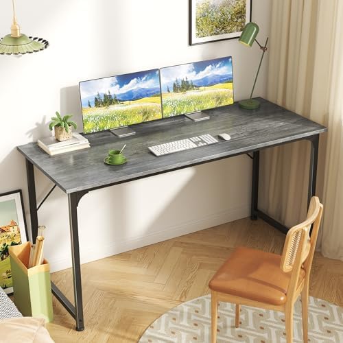 Huuger Modern Simple Office Desk, 55 Inch, Gaming & Work Desk with Storage, Large Legroom, Metal Frame, Grey