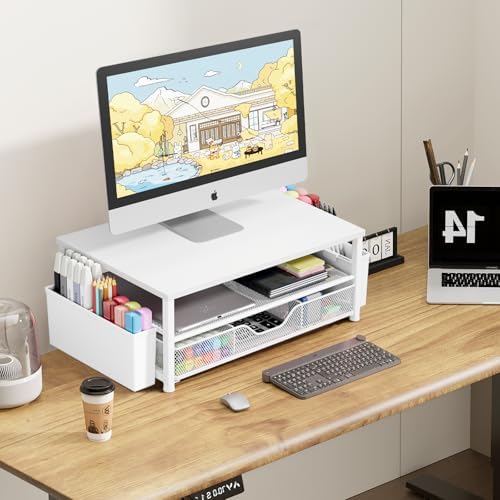 OPNICE Desk Organizers and Accessories, Computer Monitor Stand Riser with Drawer and 2 Pen Holders, Printer & Laptop Stand, Office Desk Accessories & Workspace Organizers for Home Office Supplies, White Wood