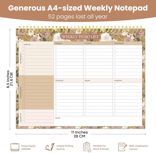Weekly To Do List Notepad with 52 Undated Sheets（8.5"×11"）- Undated Weekly Planner Notepad for Office Desk Accessories and Supplies - Toffee Blossom