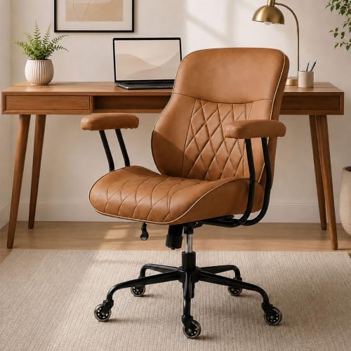 BEWISHOME Brown Leather Office Chair with Quiet Rubber Wheels