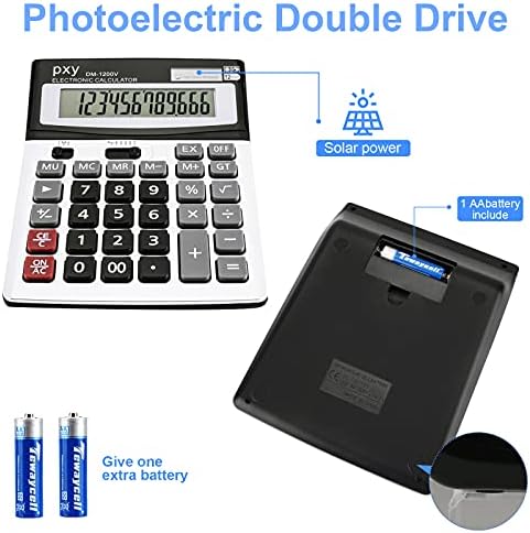 Desk Calculator 12 Digit Extra Large LCD Display, Touch Comfortable with Big Buttons, PXY Two Way Power Battery and Solar Standard Function Office Calculators