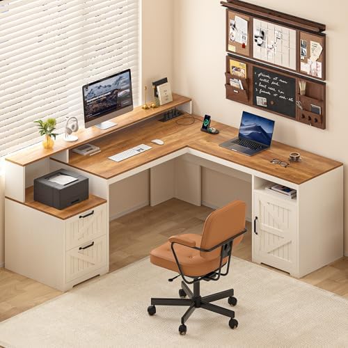 63" Farmhouse L Shaped Desk with Drawers & Printer Shelf for Home Office