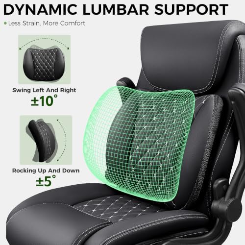 Office Chair, Ergonomic Executive Desk Chair with Lumbar Support for Lower Back Pain Relief, Padded Flip-Up Armrests, Leather Home Office Chair, Black