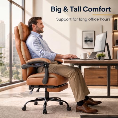 GTPLAYER Big&Tall Ergonomic Gaming Chair, Wide Spring Seat, Linkage Armrest,Brown