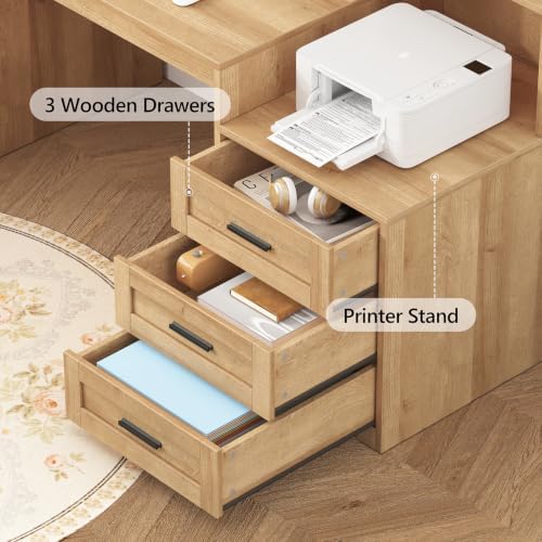 65" Farmhouse Computer Desk with Drawers and Printer Stand for Home Office