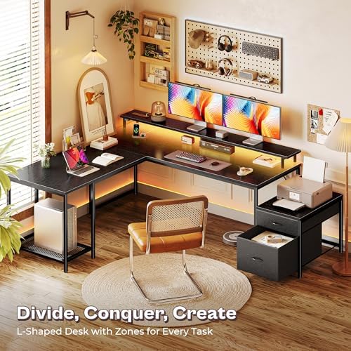 PRAISUN 66" L Shaped Gaming Desk with LED Lights & Power Outlets