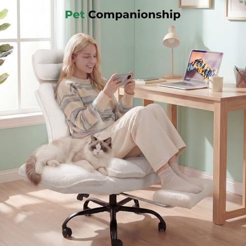 HOMRELEXA Criss Cross Office Chair with Armrests & Wheels, Comfy Velvet Vanity Chair, Ergonomic Executive Gaming Computer Chairs with Foot Rest, Wide Seat Reclining Desk Chair, White