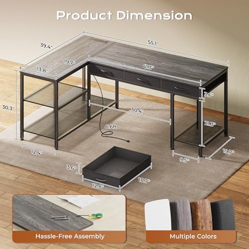 PRAISUN 55 Inch L Shaped Office Desk with Power Outlets and Type-C Port, Large Computer Gaming Desk with 3 Fabric Drawers, Mesh Shelves, Corner Study Work Writing Desk, Grey