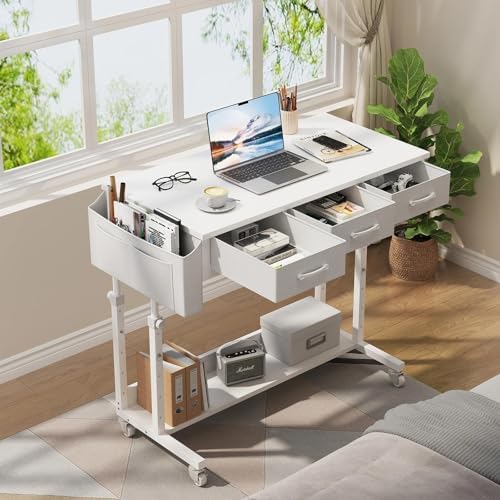White Portable Rolling Computer Desk - 40 Inch Adjustable Mobile Standing Teacher Desks with 3 Fabric Drawers on Wheels, Couch Sofa Side Laptop Stand Up Table with Storage for Home Office, White
