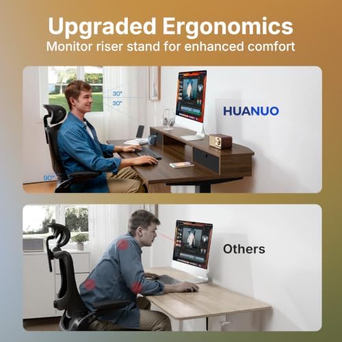 HUANUO 47.2" X 23.6" Electric Standing Desk with 2 Drawers, C-Clamp Mount Compatible, Height Adjustable Computer Desk, Home Office Stand Up Desk with 4 Preset Heights & 2 Hooks, Walnut