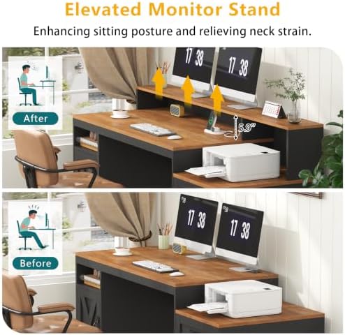 65" Farmhouse Computer Desk with Drawers and Printer Stand for Home Office