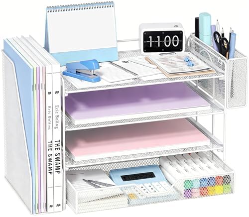 OPNICE Desk Organizers and Accessories, 4-Tier Desktop File Organizer with Drawer and Pen Holders, Office Desk Accessories Workspace Organizers for Office Supplies (Soft White)