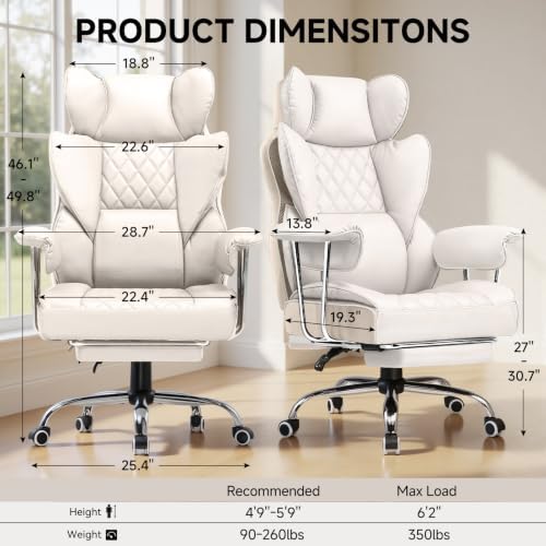 COMHOMA Big and Tall Office Chair, High Back Leather Gaming Chair with Footrest, Executive Ergonomic Office Chairs with Pocket Spring Lumbar Support and with Outward Fixed Soft Armrests