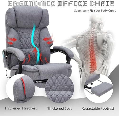 Massage Office Chair with Foot Rest 6 Points Vibration and Heat Home Office Desk Chairs for Heavy People 400lbs Reclining Managerial Chairs Ergonomic Executive Chair (Grey)