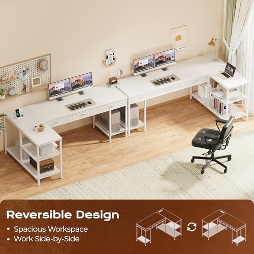 PRAISUN 63 Inch L Shaped Office Desk with Power Outlets and Type-C Port, Large Computer Gaming Desk with 3 Fabric Drawers, Mesh Shelves, Corner Study Work Writing Desk, White