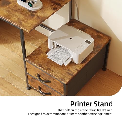 52 Inch Office Desk with 6 Drawers and Printer Space for Storage, Reversible Computer Desk with Monitor Stand & Power Outlets, Home Office Desks, Vintage Brown