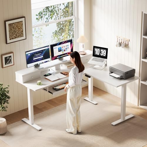 OffiGo 59 Inch L Shaped Electric Standing Desk with Drawers, White