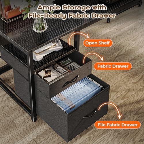 PRAISUN 55 Inch L Shaped Desk with Power Outlets and USB-C Port, Computer Corner Home Office Desk with File Fabric Drawers and Movable Monitor Stand, Larger Storage for Gaming, Work, Black