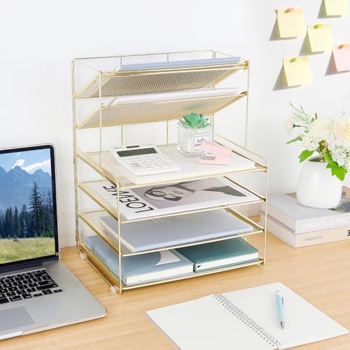 OPNICE Desk Organizer, 6-Tier Paper Organizer Letter Tray, Gold