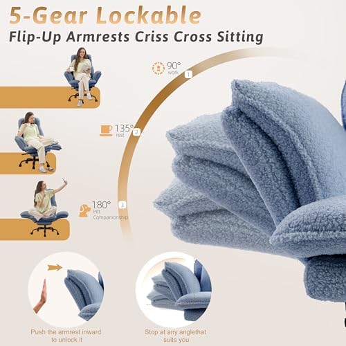 Wider Seat Office Chair with Flip Armrests for Criss Cross Legged&Cats, Big and Tall Executive Ergonomic Reclining Chair with Footrest&Lumbar Pillow, Teddy Fleece Desk Chair,Blue Vanity Chair