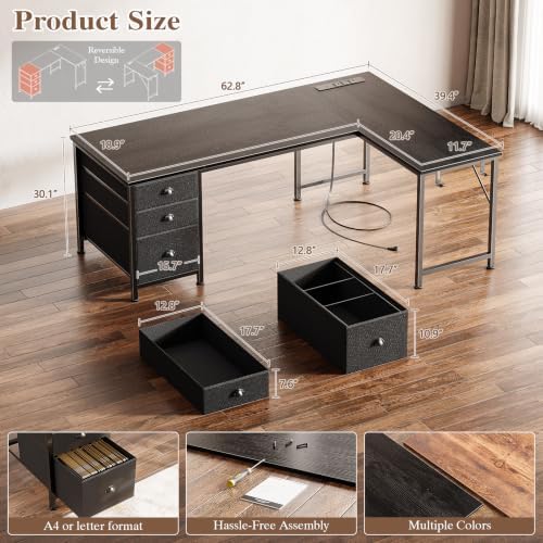 Furologee 55" L Shaped Desk with Power Outlets & USB-C Port, Reversible Corner Computer Desk with File Drawers, Work Study Gaming Table for Home Office, Dorm, Black