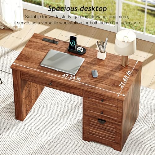 Ieejdn 47" Home Office Desks, Executive Desk, Farmhouse Computer Desk with Drawers and Charging Station, File Drawer, Storage Cabinet, Rustic Computer Writing Desk,Antique Tan