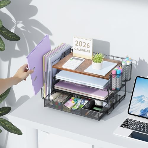 gianotter Desk Organizers and Accessories with File Holder, 4-Tier Desk Accessories & Workspace Organizers with Drawer and 2 Pen Holder, Paper Organizer for Office Supplies (Wood)