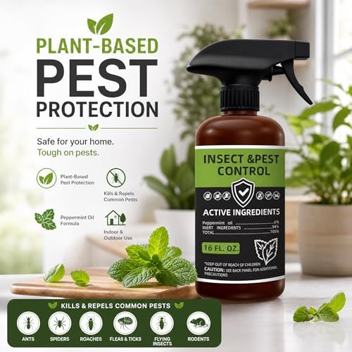 Peppermint Oil Insect Repellent Spray, Natural Indoor & Outdoor Bug Deterrent for Ant, Roach, Spider, Fly, Flea, Bug, Rodent, Mouse Home & Kitchen Pest Control, Pet and Family Safe 16 oz