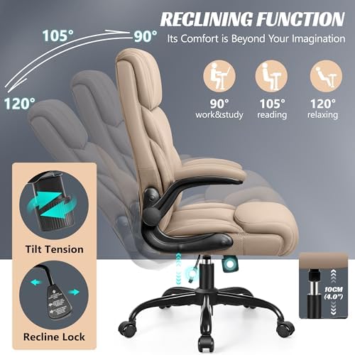 HeroSet Office Chair, Ergonomic Big and Tall Computer Desk Chairs, Executive Breathable Leather Chair with Adjustable Flip-up Armrests, Lumbar Support Swivel PC Chair with Rocking Function,Khaki