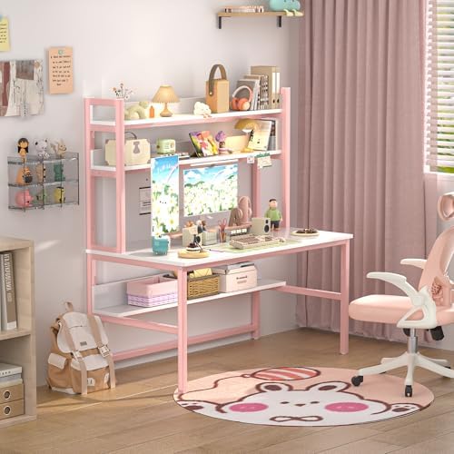 Aquzee Pink Desk with Shelves, Computer Desk with Hutch, 55 Inch