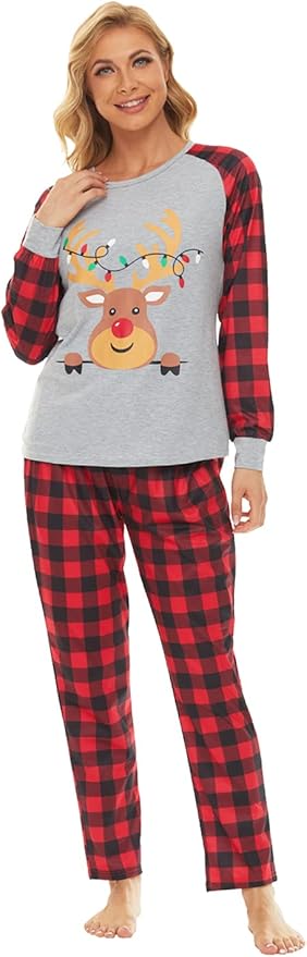 YIJIU Christmas Pajamas Cute Deer Print Long Sleeve Totem PJS Set