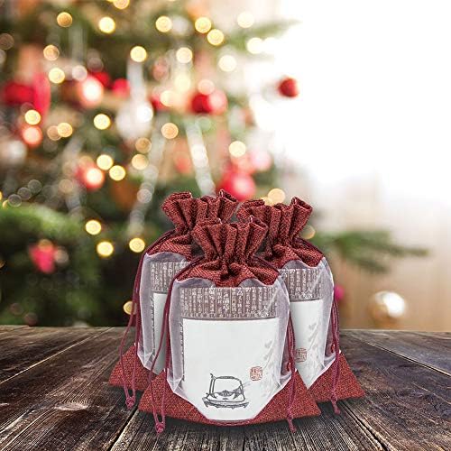 12-Pack Medium Linen Burlap & Organza Gift Bags w. Drawstrings (5x7 in, Maroon) - Party Favors, Presents, Samples & Treats Mesh Pouch by The Display Guys