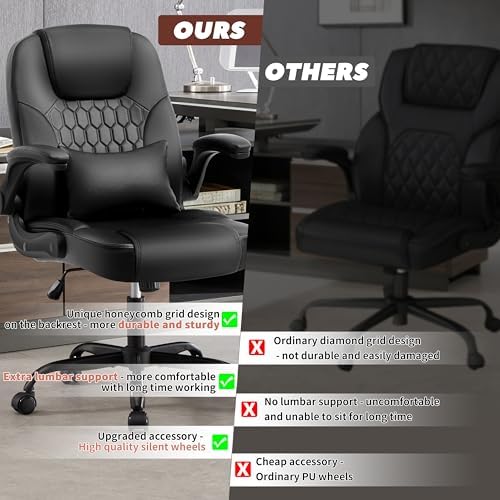 Leather Office Chair Swivel Lumbar Support for Short People Black