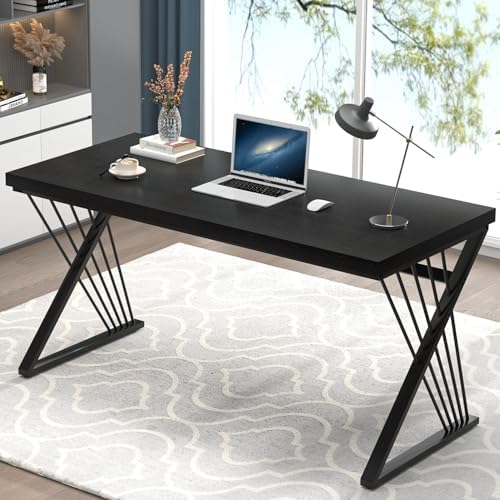 FOLUBAN Black Desk, Modern Wood and Metal Computer Desks for Home Office, Simple Writing Work PC Desk for Bedroom, Industrial Study Gaming Table for Living Room, 60 Inch