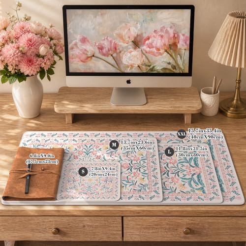 iCasso Aesthetic Desk Mat,31.5x11.8in Mouse Pads, Pink Floral
