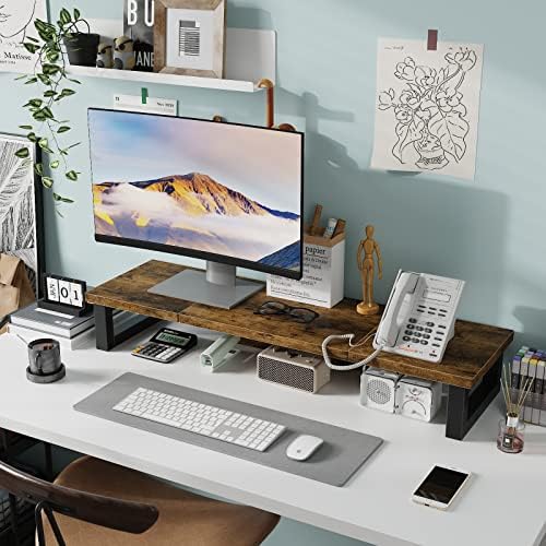 WESTREE Dual Monitor Stand Riser, Wood and Steel Monitor Stand Riser, Computer Monitor Stand for 2 Monitors, Multi-Purpose Desktop Storage Stand for Computer,Laptop,Printer,TV