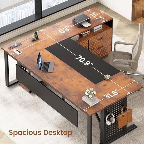 SEDETA 71" Executive Desk with Rolling File Cabinet, Large Office Desk with Drawers, L Shaped Computer Desk with Power Outlets, CPU Stand, Pegboard and Storage Shelves, Rustic Brown